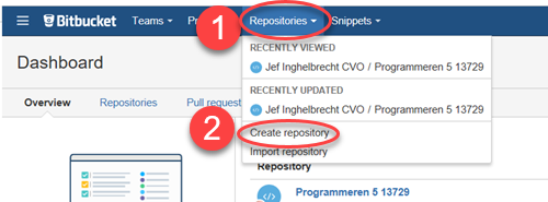 maak repo op Bitbucket stap 1